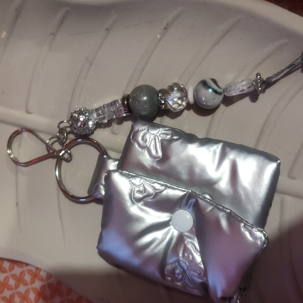 Silver Keychain Pouch with Beaded Charm